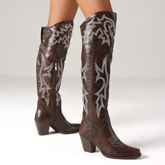 Dark Brown Women's Embroider Thigh High country rodeo Western Cowboy Boots - Picture 5 of 6